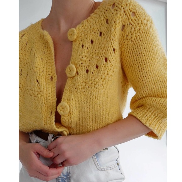 Vintage Sweaters - cute cottagecore hand-knit cardigan | vintage granny knit yellow medium